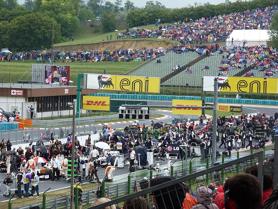 Formula 1 starting grid and packed grandstands at the Hungaroring