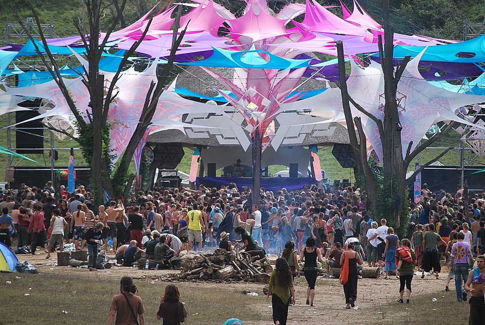 Ozora Festival art installations and crowd